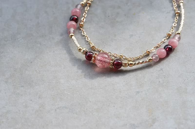 泛紅 - 14K包金 草莓晶 / 紅石榴 / 紅紋石 雙鍊手鍊