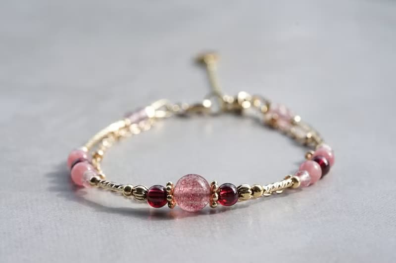 泛紅 - 14K包金 草莓晶 / 紅石榴 / 紅紋石 雙鍊手鍊