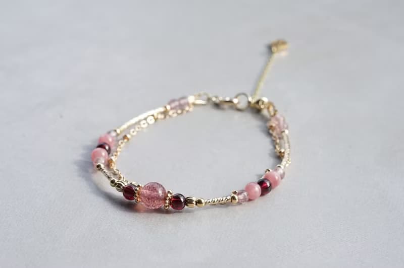 泛紅 - 14K包金 草莓晶 / 紅石榴 / 紅紋石 雙鍊手鍊