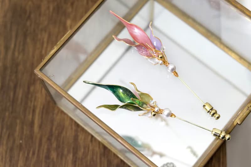 胸針&髮夾水晶花_銀樺葉(綠/粉)_光點飾品