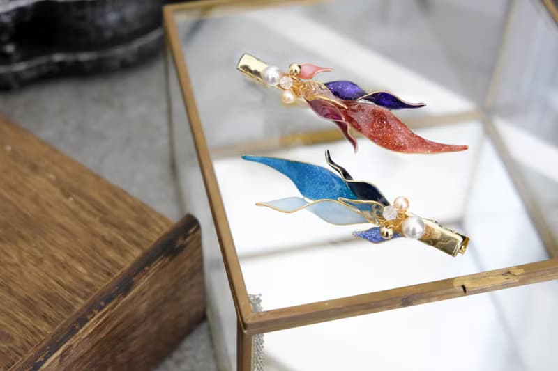 胸針&髮夾水晶花_銀樺葉(綠/粉)_光點飾品
