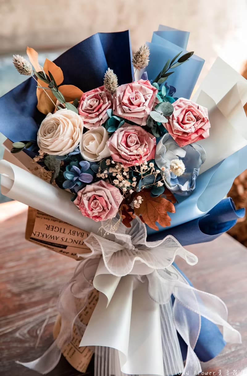 藍色花束/鈔票花束/鈔票玫瑰花束/有錢花/錢花束/生日禮物/情人節