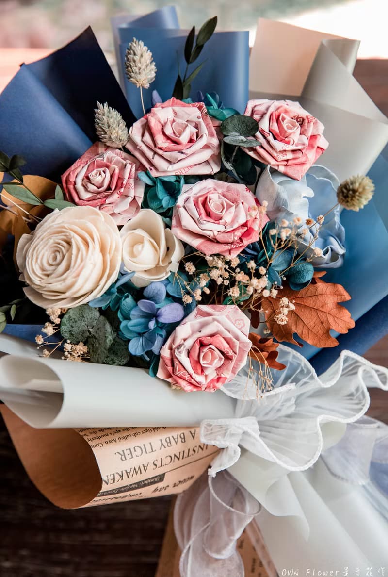 藍色花束/鈔票花束/鈔票玫瑰花束/有錢花/錢花束/生日禮物/情人節