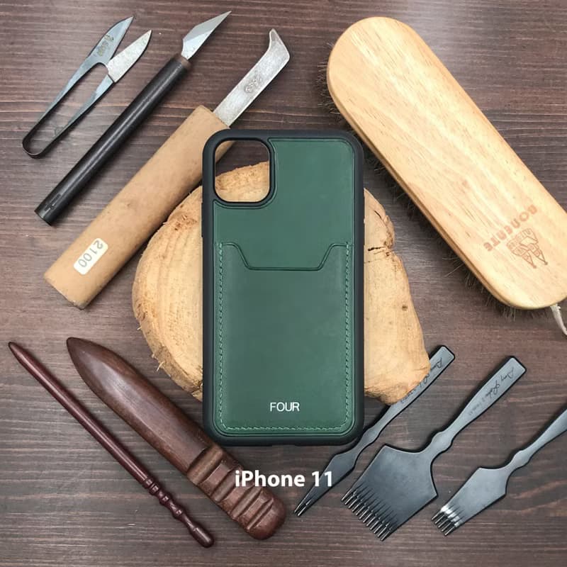 【iPhone咭位手機殼】綠色植鞣牛皮/防摔全包覆/悠遊卡套