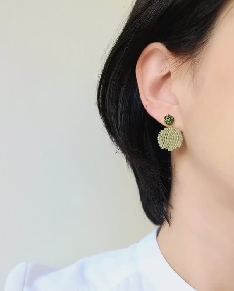 串珠耳飾_圓片/苔蘚綠