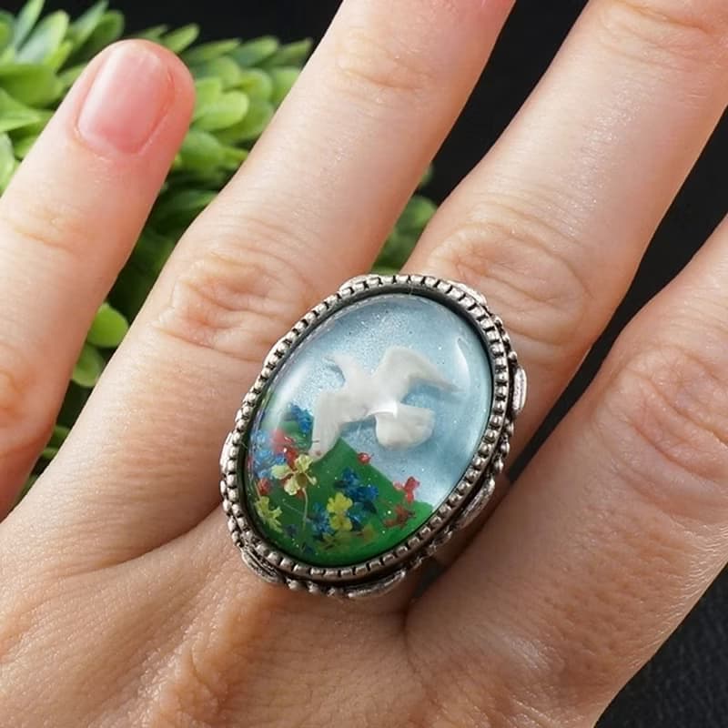 White Dove Bird Adjustable Ring Sky Blue Green Large Silver Boho Ring Jewelry