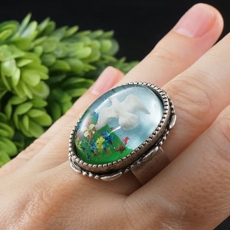 White Dove Bird Adjustable Ring Sky Blue Green Large Silver Boho Ring Jewelry