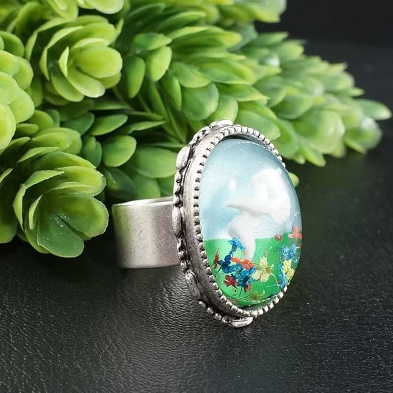 White Dove Bird Adjustable Ring Sky Blue Green Large Silver Boho Ring Jewelry
