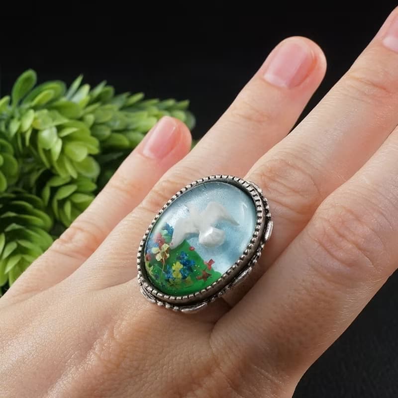 White Dove Bird Adjustable Ring Sky Blue Green Large Silver Boho Ring Jewelry