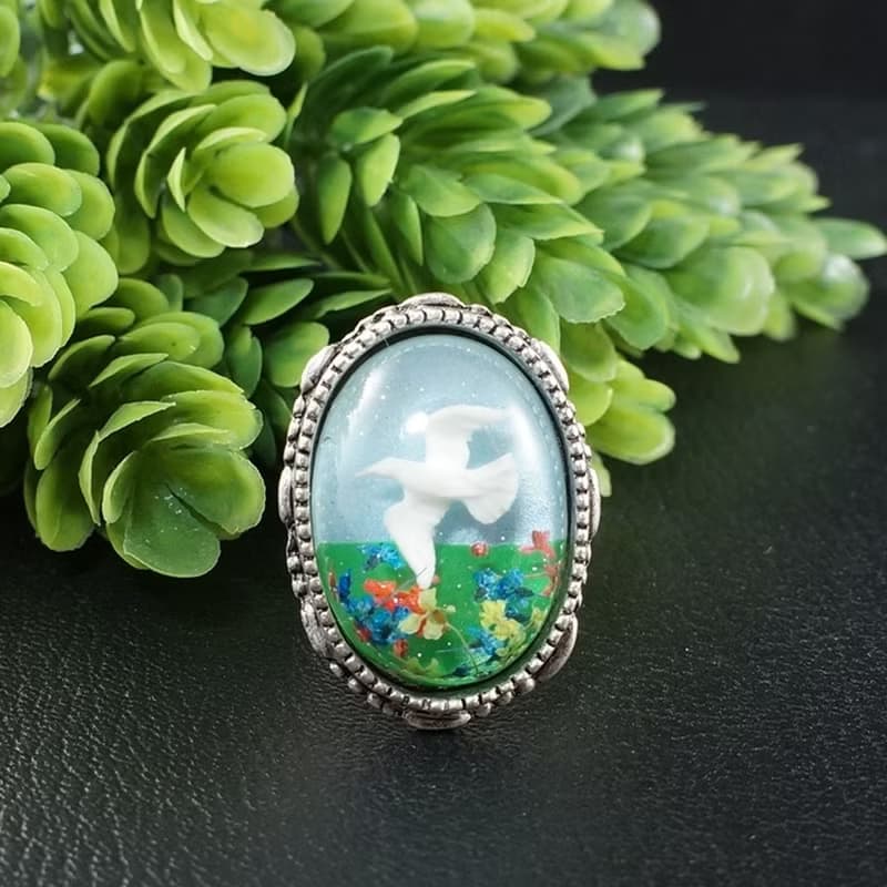 White Dove Bird Adjustable Ring Sky Blue Green Large Silver Boho Ring Jewelry