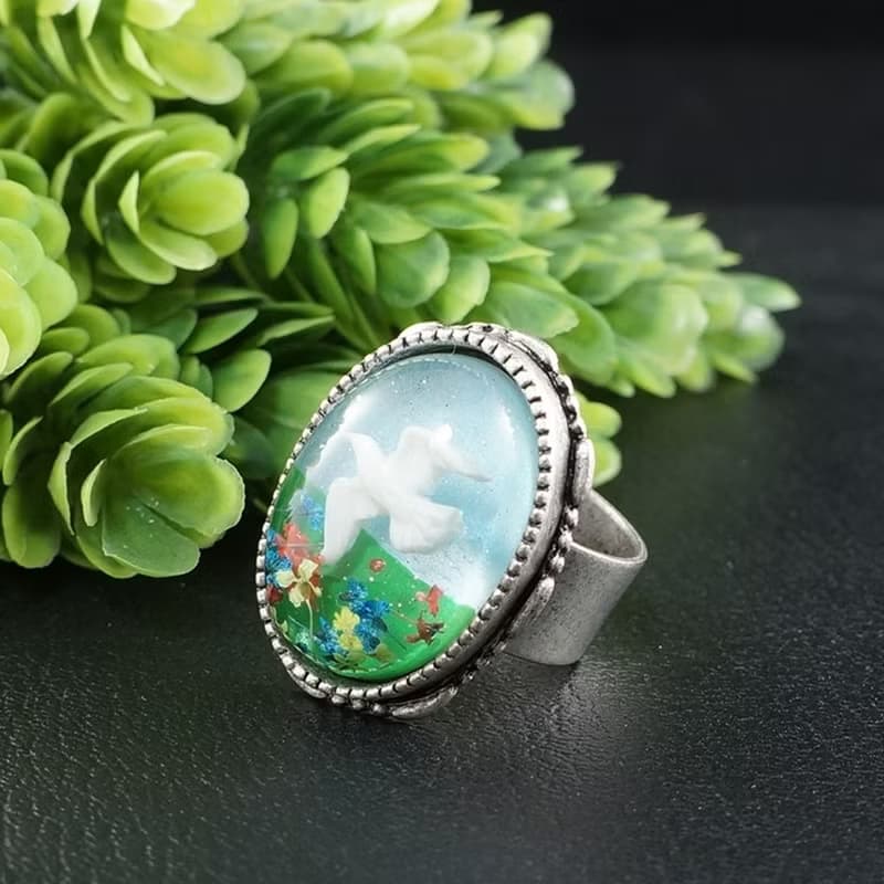 White Dove Bird Adjustable Ring Sky Blue Green Large Silver Boho Ring Jewelry