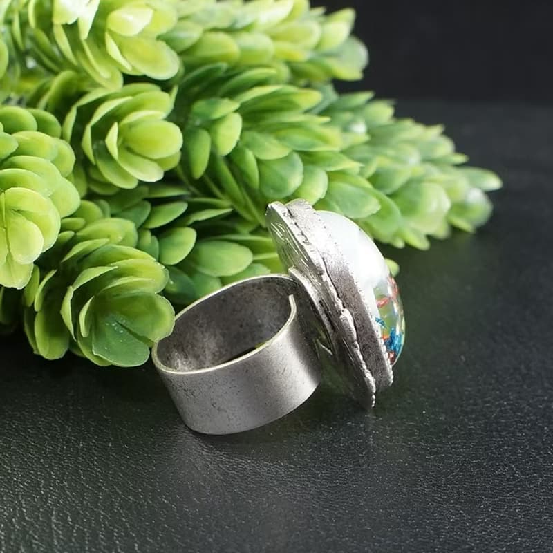 White Dove Bird Adjustable Ring Sky Blue Green Large Silver Boho Ring Jewelry