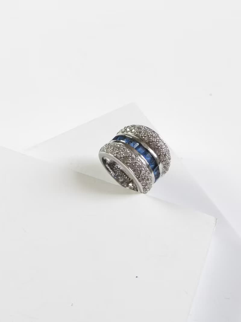 Vintage Baguette Cut Sapphire Diamond Silver Wide Ring