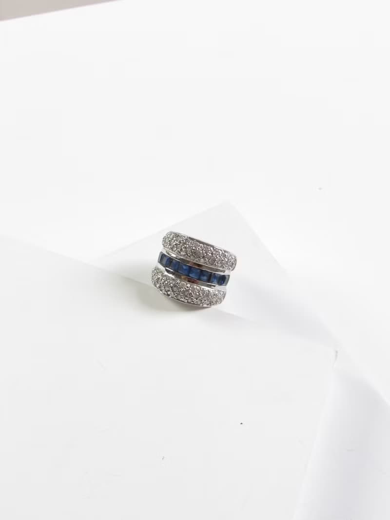 Vintage Baguette Cut Sapphire Diamond Silver Wide Ring