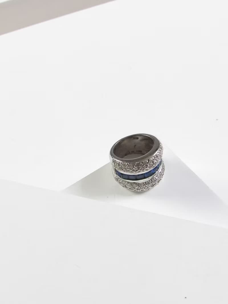 Vintage Baguette Cut Sapphire Diamond Silver Wide Ring
