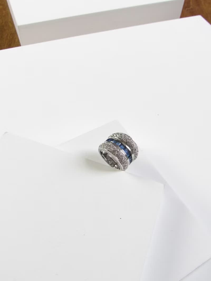 Vintage Baguette Cut Sapphire Diamond Silver Wide Ring