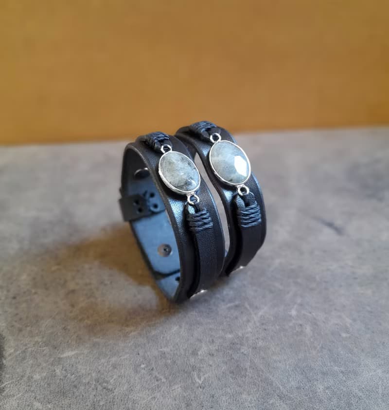 Natural Gray Labradorite Bracelet, Handmade Adjustable Black Leather  Cuff