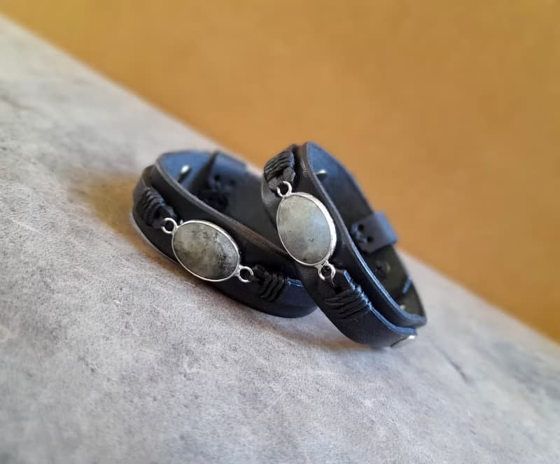 Natural Gray Labradorite Bracelet, Handmade Adjustable Black Leather  Cuff