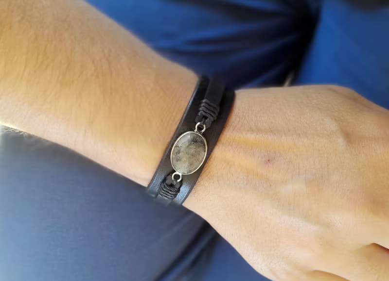 Natural Gray Labradorite Bracelet, Handmade Adjustable Black Leather  Cuff