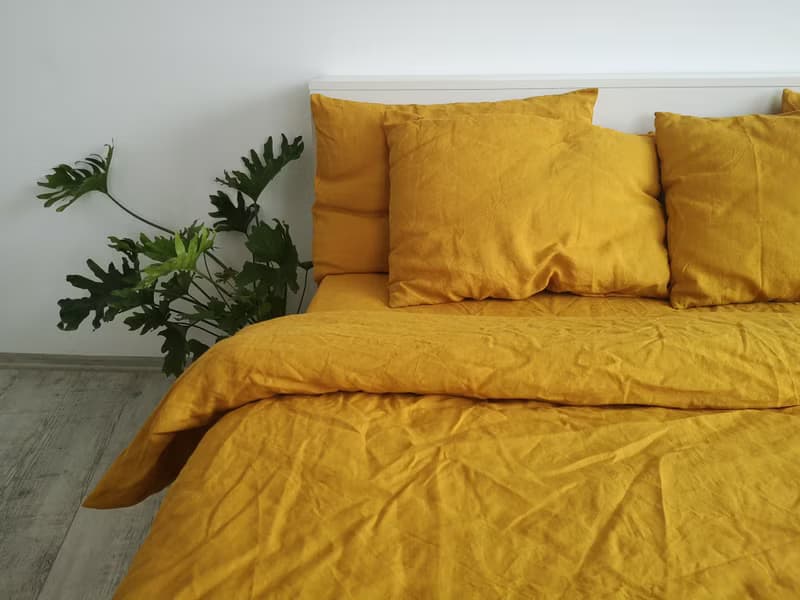 Mustard linen fitted sheet / Softened linen bed sheet / Deep pocket