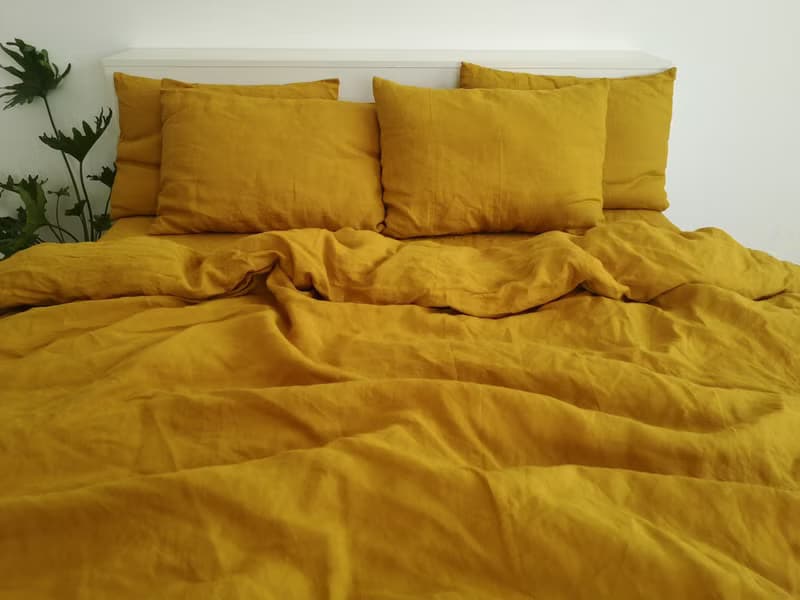 Mustard linen fitted sheet / Softened linen bed sheet / Deep pocket
