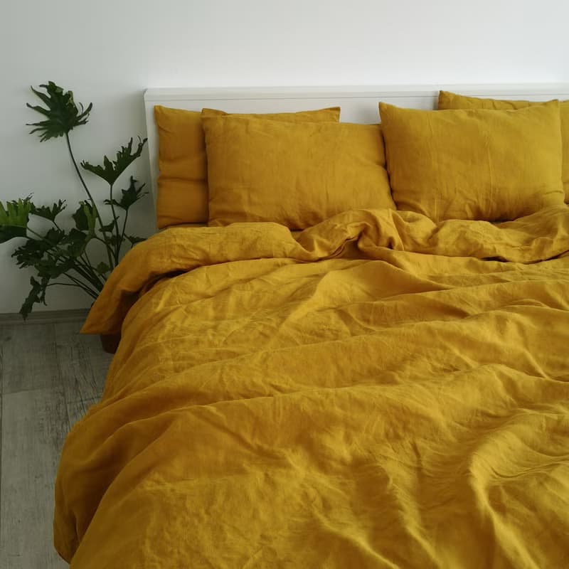 Mustard linen fitted sheet / Softened linen bed sheet / Deep pocket