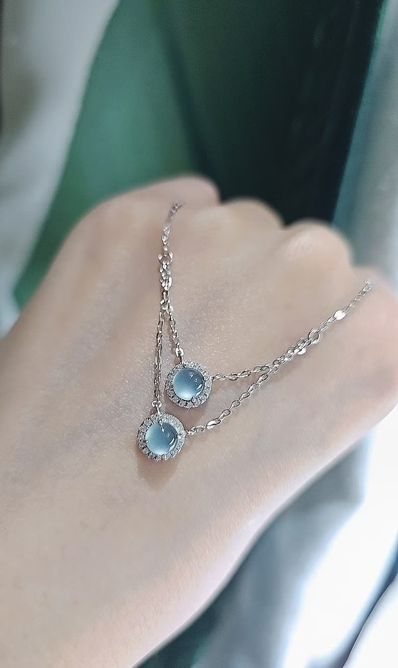 財水|高貴女神雙蛋鏈|A貨翡翠高冰玻藍蛋面純銀項鍊