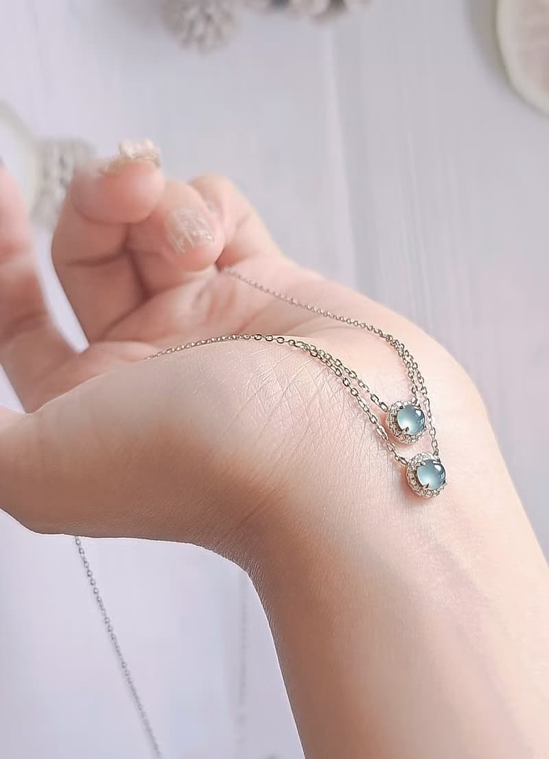 財水|高貴女神雙蛋鏈|A貨翡翠高冰玻藍蛋面純銀項鍊