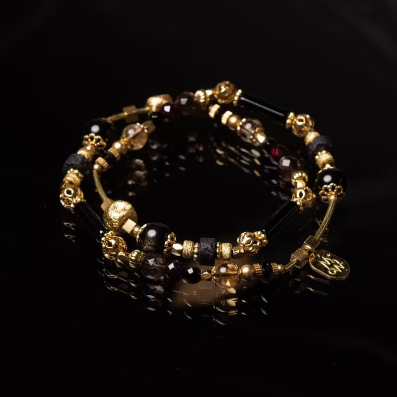 化羽成蝶 // C1442金曜石黑瑪瑙茶晶雙圈手鍊