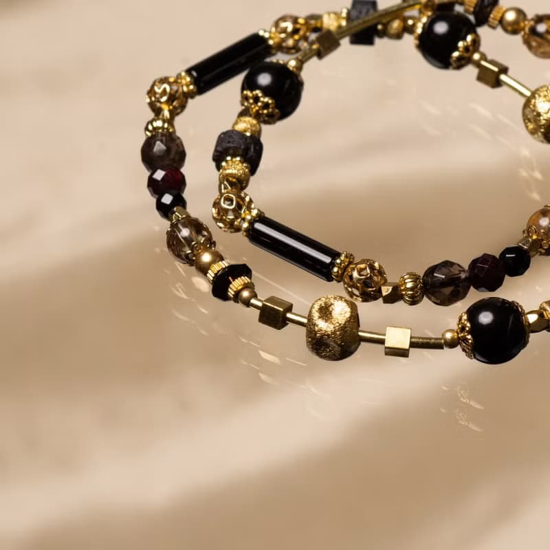 化羽成蝶 // C1442金曜石黑瑪瑙茶晶雙圈手鍊