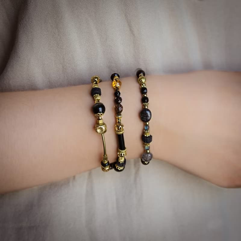 化羽成蝶 // C1442金曜石黑瑪瑙茶晶雙圈手鍊