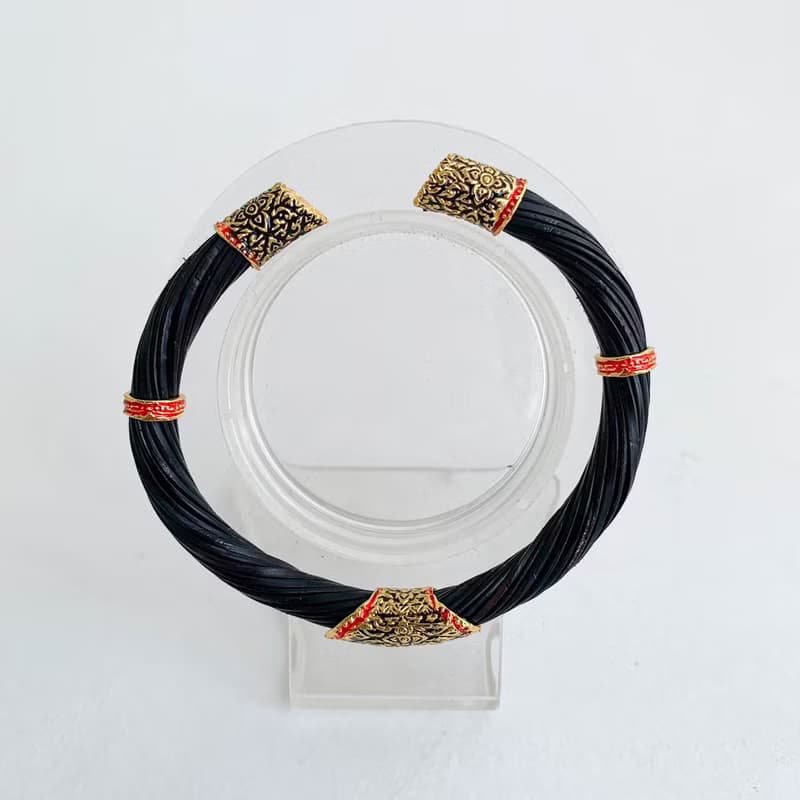 Black Body Real Elephant Tail Hair Bangle Silver Enamelled Sukhothai Free Size