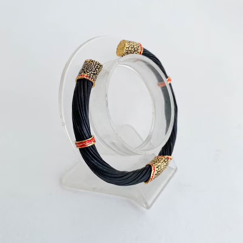Black Body Real Elephant Tail Hair Bangle Silver Enamelled Sukhothai Free Size