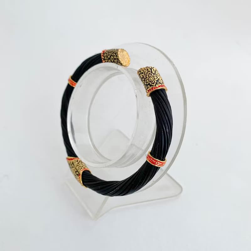 Black Body Real Elephant Tail Hair Bangle Silver Enamelled Sukhothai Free Size