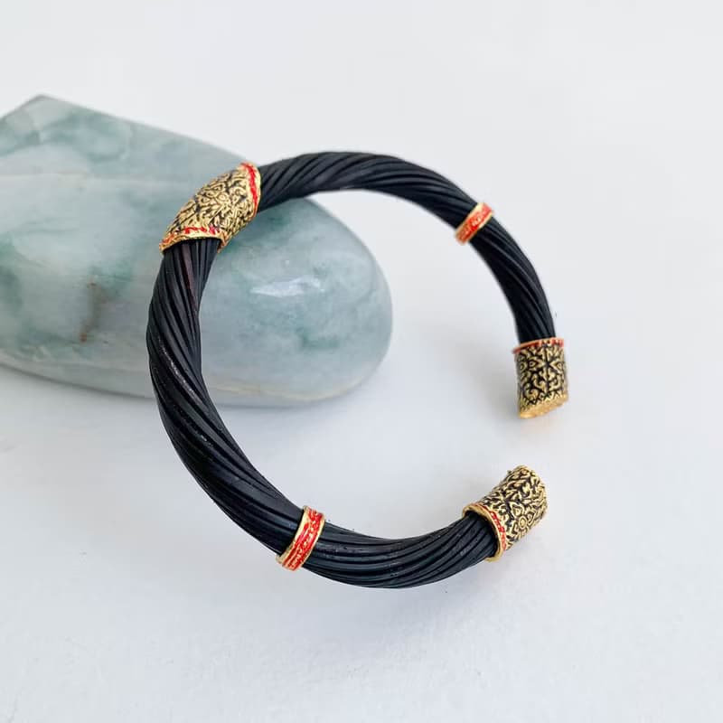 Black Body Real Elephant Tail Hair Bangle Silver Enamelled Sukhothai Free Size