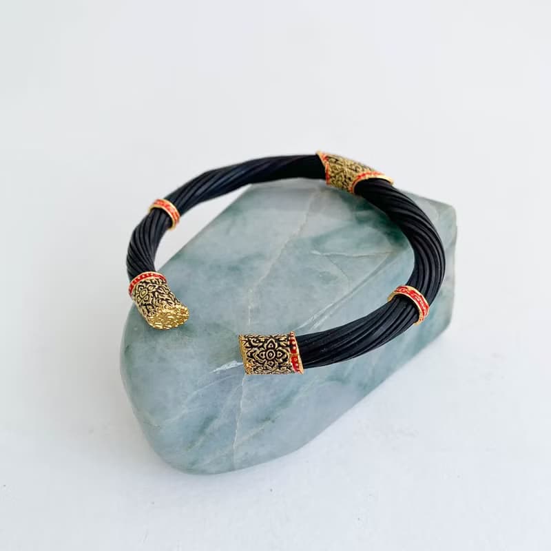 Black Body Real Elephant Tail Hair Bangle Silver Enamelled Sukhothai Free Size