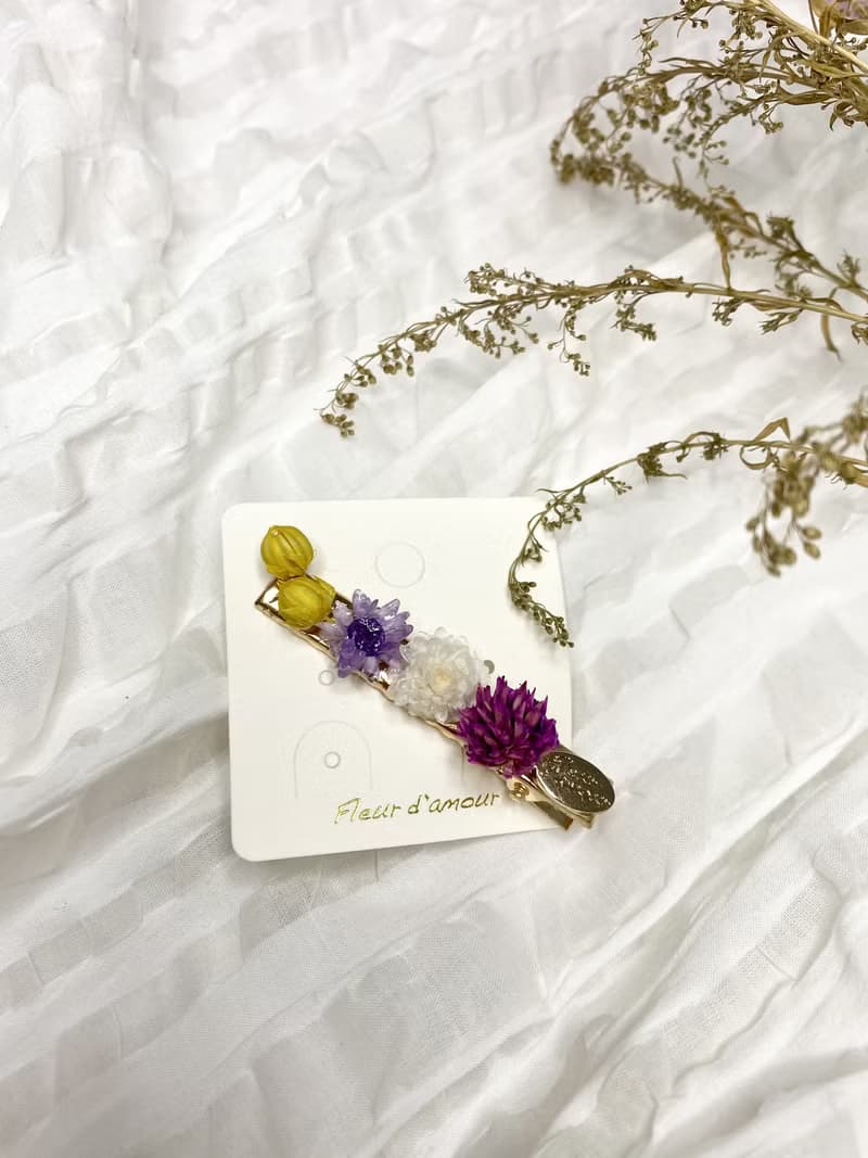 立體真花 紫色麒麟花+藍紫色小雛菊+黃色燈籠花髮夾 髮飾 真花髮