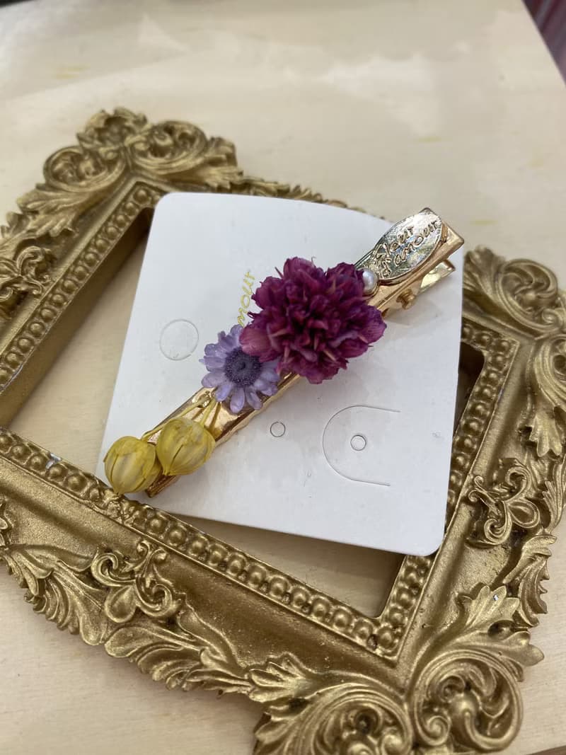 立體真花 紫色麒麟花+藍紫色小雛菊+黃色燈籠花髮夾 髮飾 真花髮