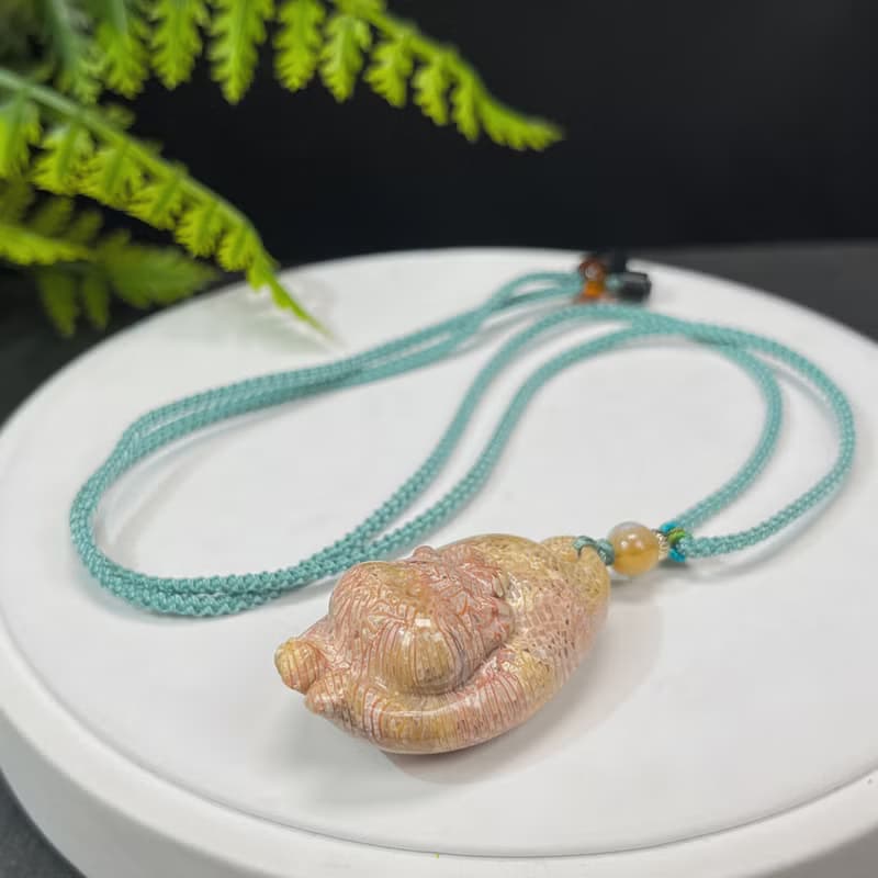 精品天然可愛胖貓咪黃珊瑚玉吊墜冰潤結晶萬花筒鳳尾紋菊花玉項錬