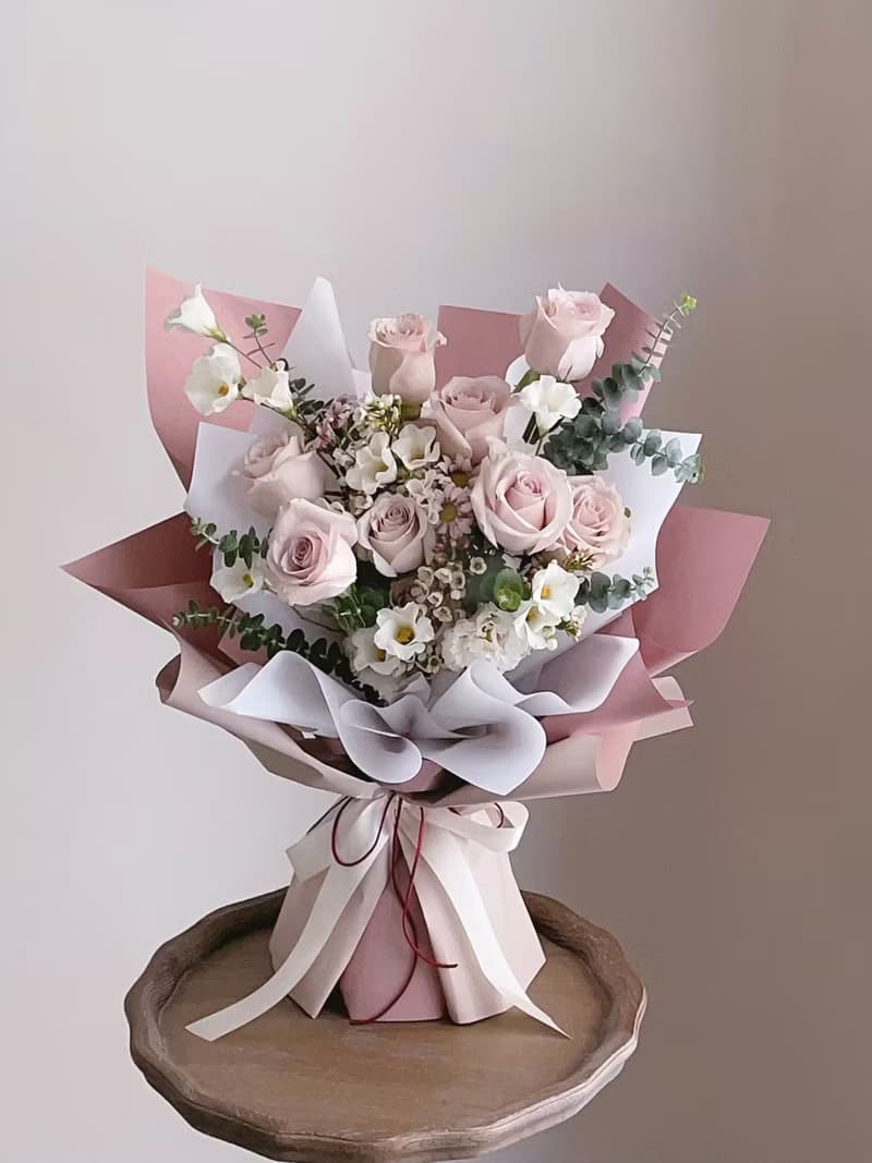 【鮮花】情人節花束奶茶藕粉色玫瑰桔梗鮮花花束