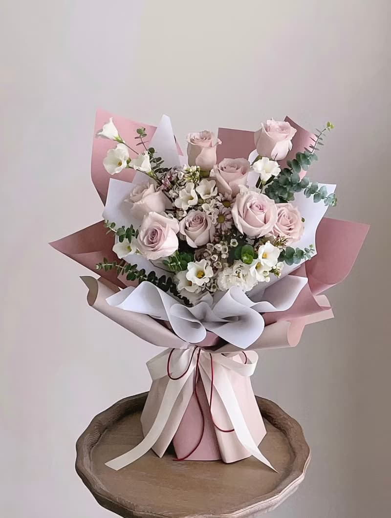【鮮花】情人節花束奶茶藕粉色玫瑰桔梗鮮花花束