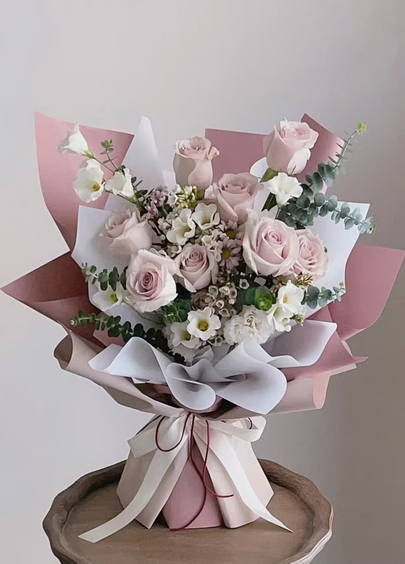 【鮮花】情人節花束奶茶藕粉色玫瑰桔梗鮮花花束