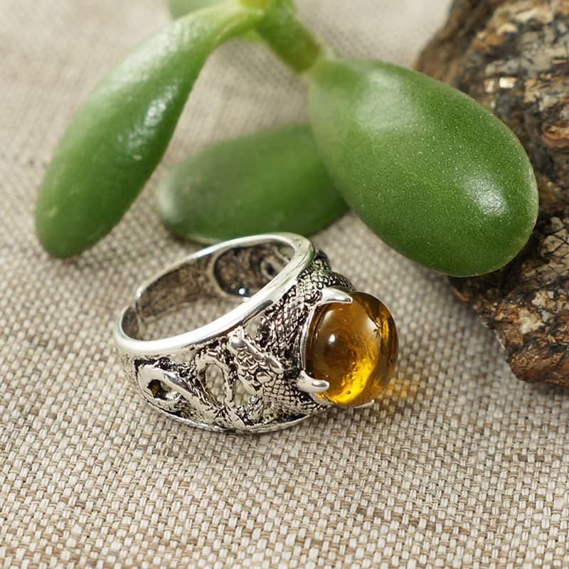 Honey Yellow Glass Silver Snake Unisex Adjustable Free Size Ring Jewelry Gift