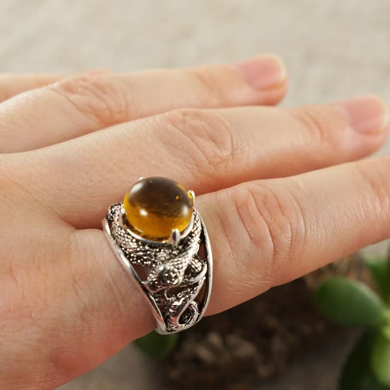 Honey Yellow Glass Silver Snake Unisex Adjustable Free Size Ring Jewelry Gift