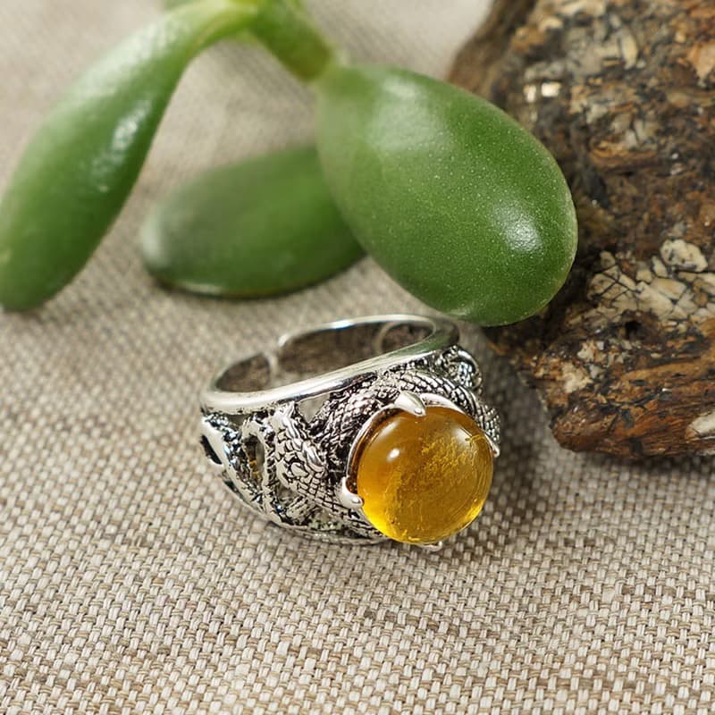 Honey Yellow Glass Silver Snake Unisex Adjustable Free Size Ring Jewelry Gift