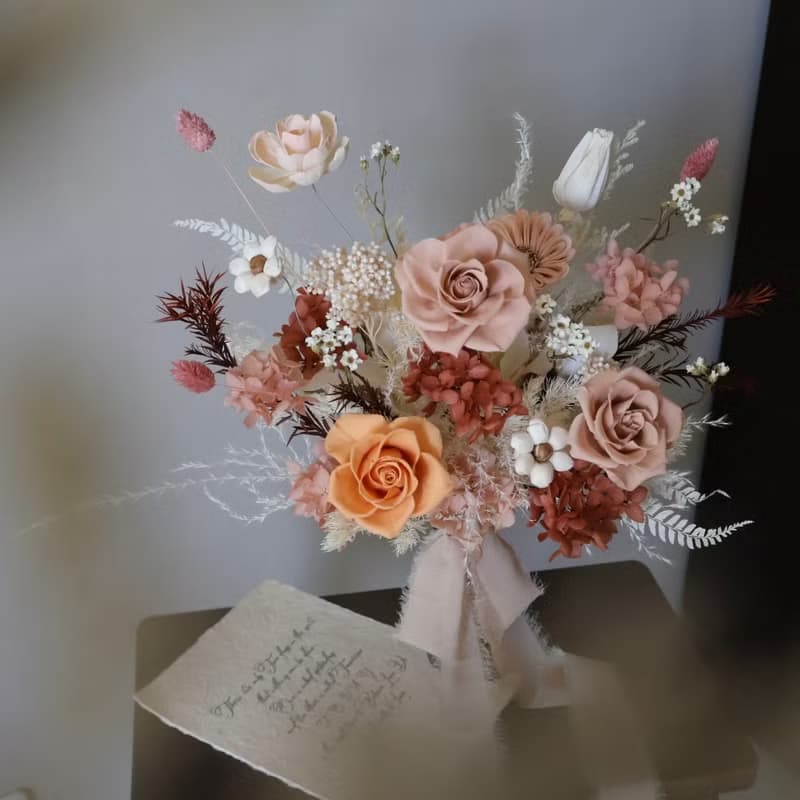 唯美粉橘色永生花捧花 拍照捧花 新娘捧花 登記捧花