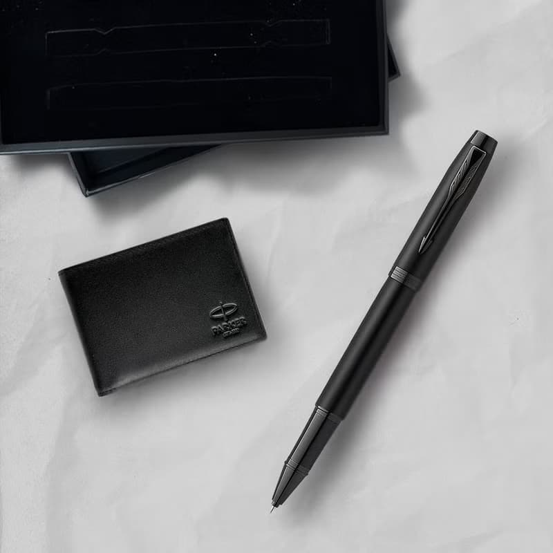 Parker 派克 新IM 特別款理性黑鋼珠筆 牛皮短夾禮盒 免費刻字