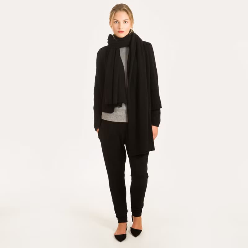 black cashmere scarf, cashmere travel wrap, knit cashmere shawl, pashmina