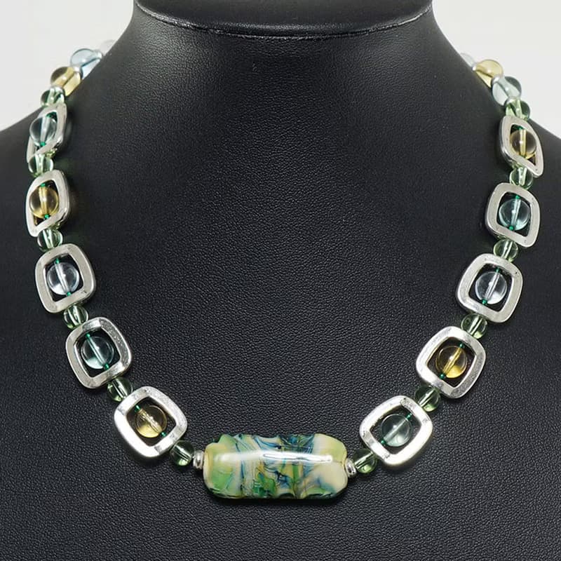 Mint Green Yellow Lampwork Murano Glass Geometric Necklace Woman Jewelry Gift