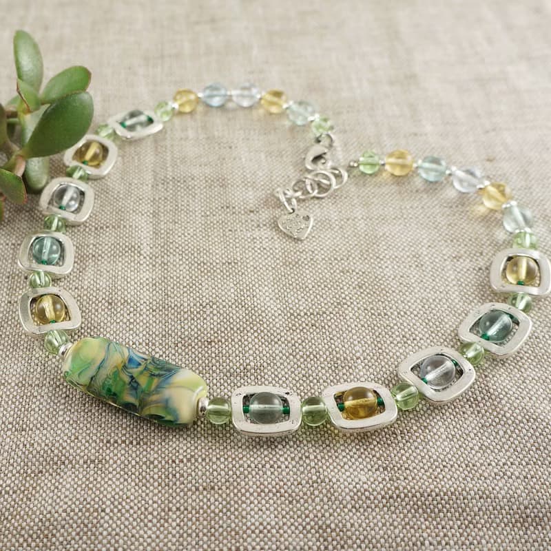 Mint Green Yellow Lampwork Murano Glass Geometric Necklace Woman Jewelry Gift